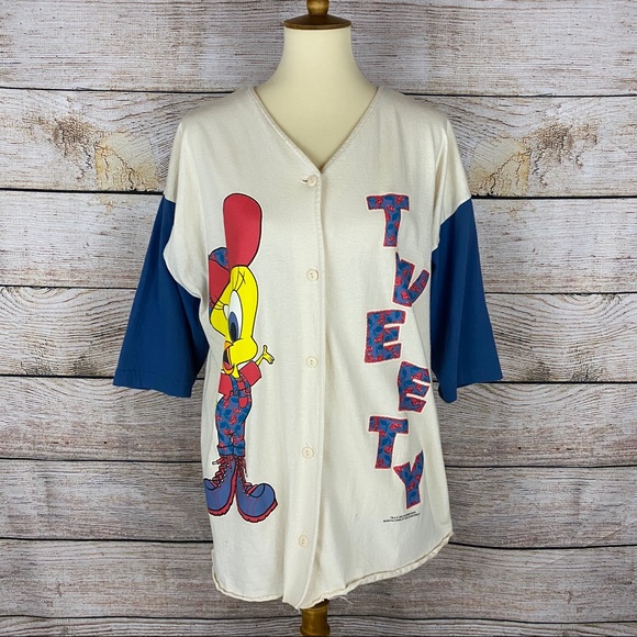 Vintage Tops - VTG Looney Tunes Tweety Button-Up Baseball Jersey